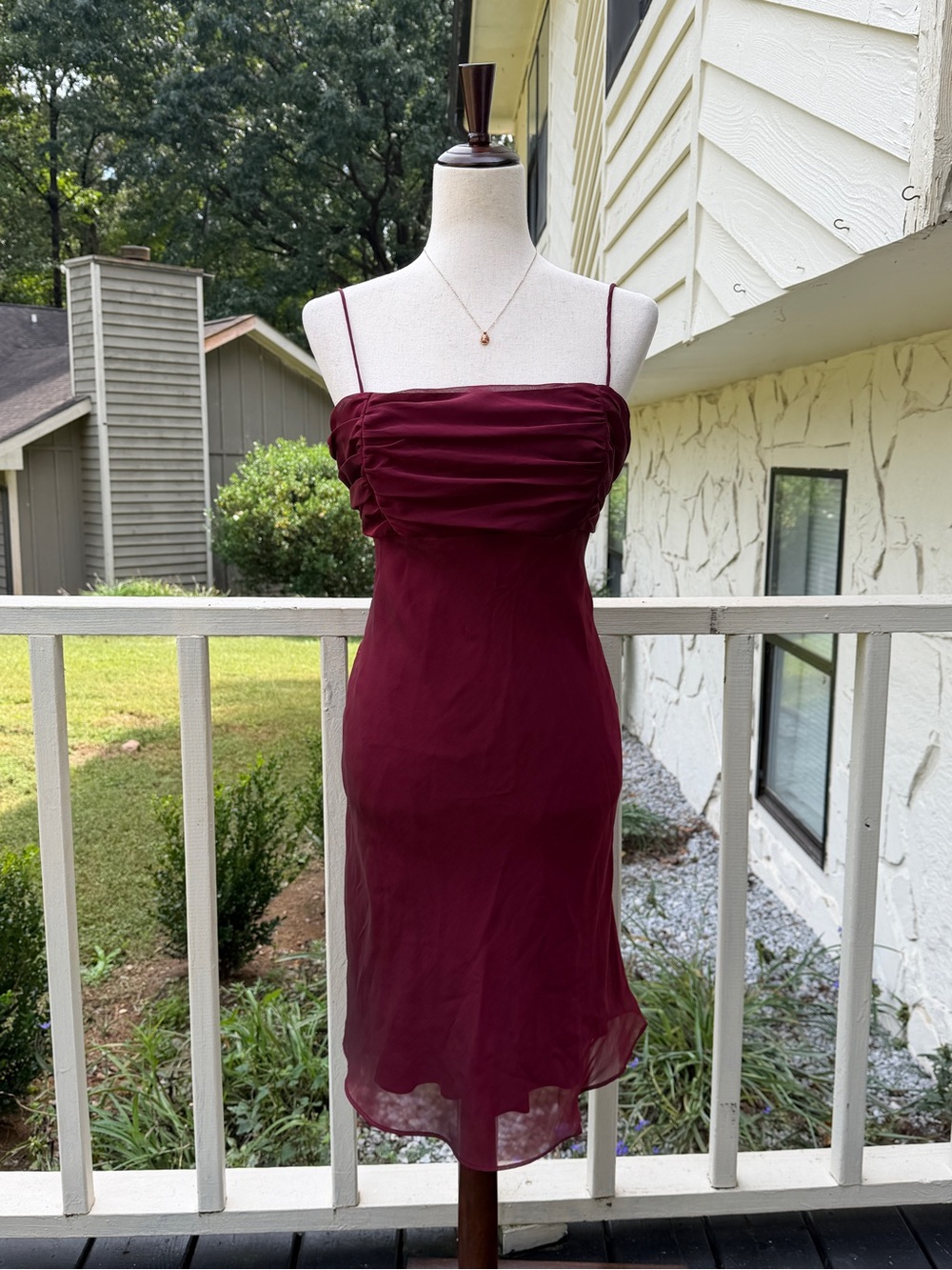 Betsy & Adam Burgundy Ruched Spaghetti Strap Midi Dress